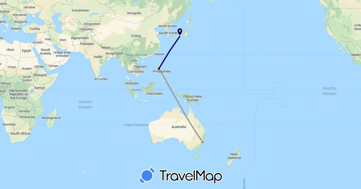 TravelMap itinerary: driving, plane in Australia, Japan, Philippines (Asia, Oceania)